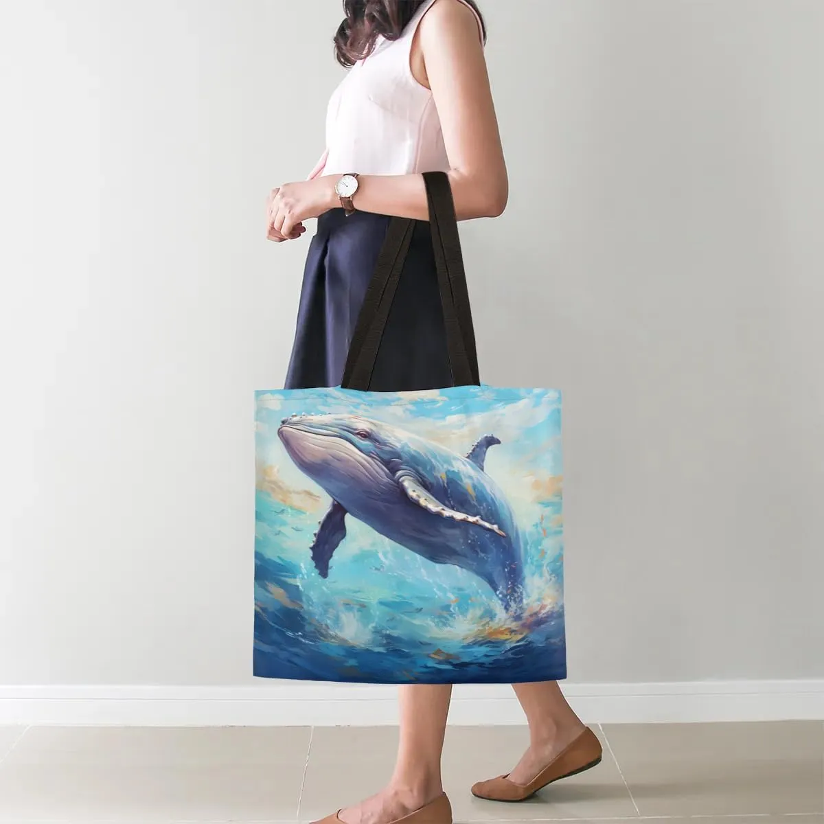 Blue Ship On Ocean Rough Waves Canvas Tote Bag for Women Men Stylish Tote Handbag Shoulder Bag Reusable Grocery Bag
