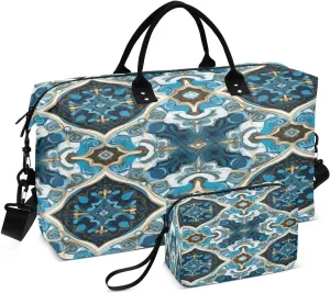 Blue Tile Travel Duffel Bag Large Capacity Weekender Bag with Toiletry Bag Detachable Shoulder Strap Travel Tote Bag for Women