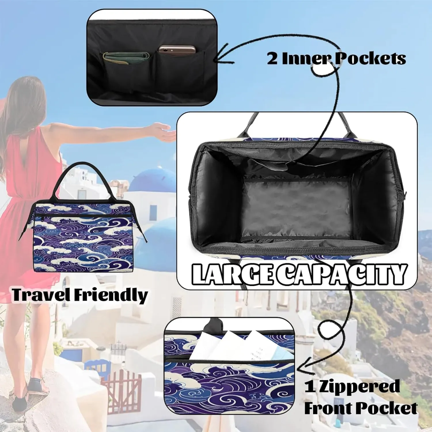 Blue Waves Art Large Travel Duffel Bag Gym Tote Bag for Women Men Waterproof Weekend Overnight Bag Carry On Tote Luggage with Pocket Personal Item Bags Sports Bag fit Travel Sports Gym Yoga