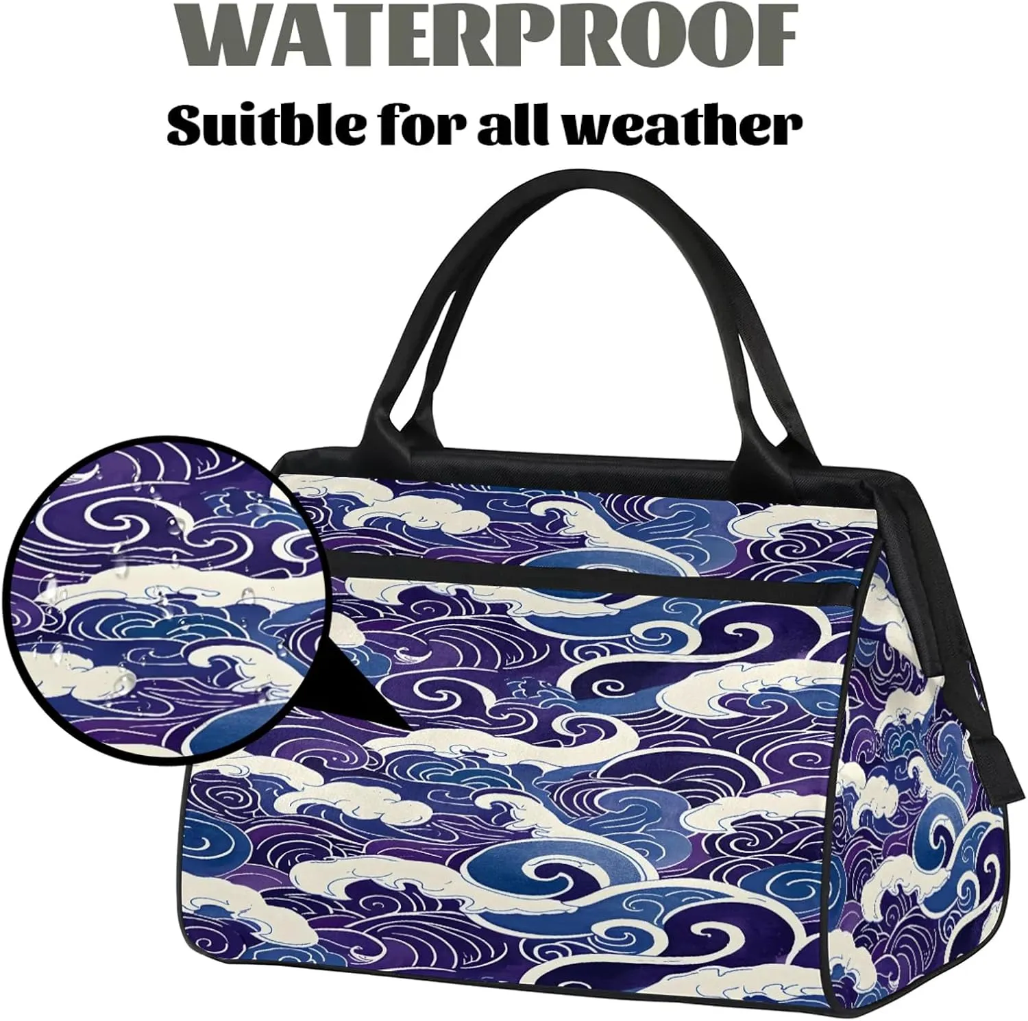 Blue Waves Art Large Travel Duffel Bag Gym Tote Bag for Women Men Waterproof Weekend Overnight Bag Carry On Tote Luggage with Pocket Personal Item Bags Sports Bag fit Travel Sports Gym Yoga