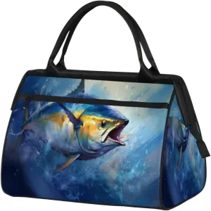 Bluefin Tuna Fish Travel Duffle Bag, Waterproof Duffel Bag Weekender Overnight Carry On Bag Lightweight Sport Gym Bag for Men Women