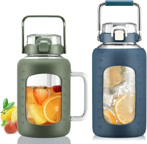 BLUEGO 64oz and 84oz Glass Water Bottles Bundle(64 Olive   84 DBlue) with Straw and Lids Handle Large Water Tumbler with Sleeve, Glass Water Container, 2 Liter Water Jug Glass, BPA Free