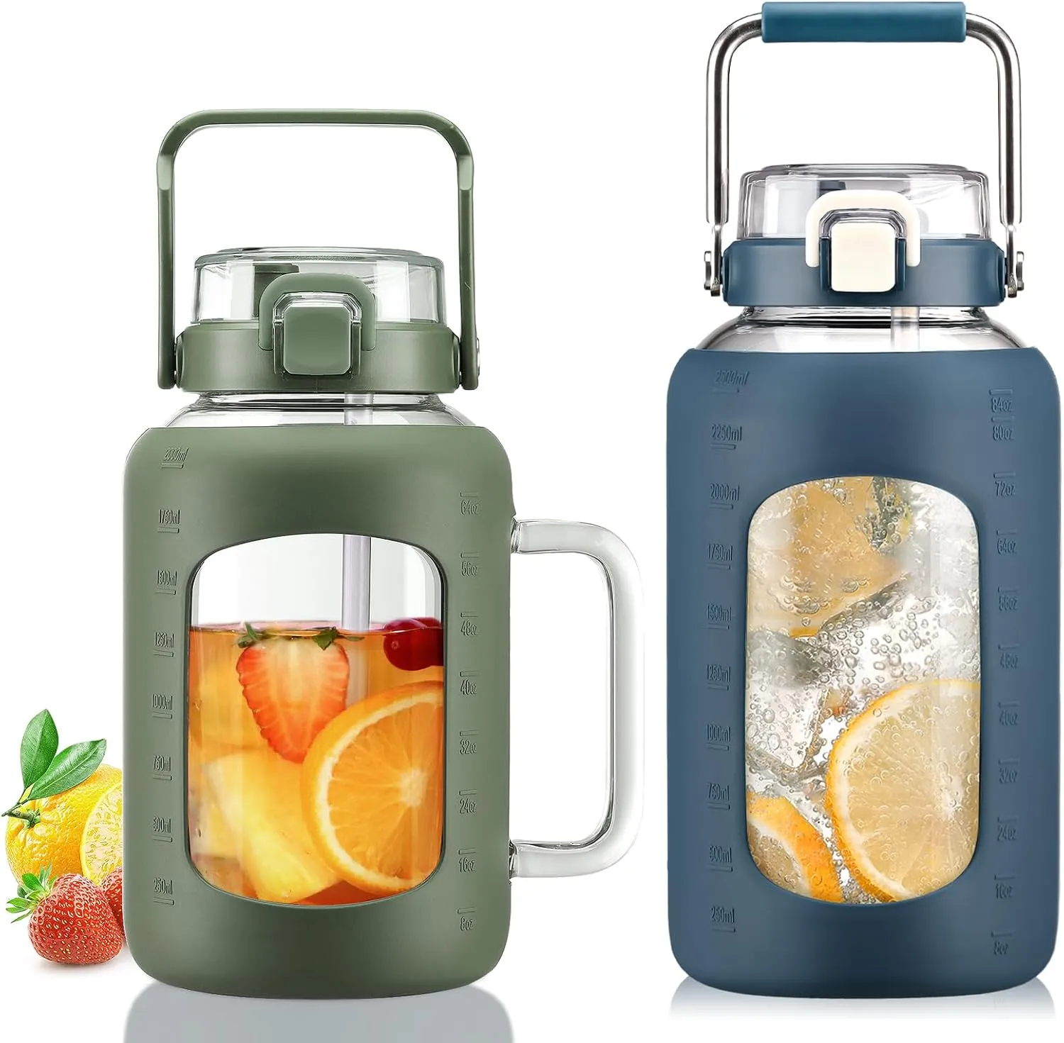BLUEGO 64oz and 84oz Glass Water Bottles Bundle(64 Olive   84 DBlue) with Straw and Lids Handle Large Water Tumbler with Sleeve, Glass Water Container, 2 Liter Water Jug Glass, BPA Free