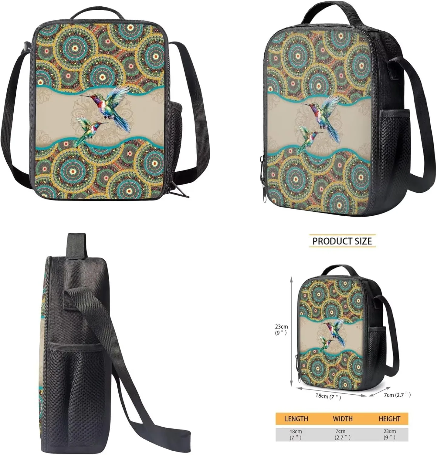 Boho Mandala Hummingbird Print School Backpack Set of 3 for Kids Boys Girls Elementary Primary Student Book Bag with Lunch Box Pencil Case Teens Schoolbags Back Packs Satchel