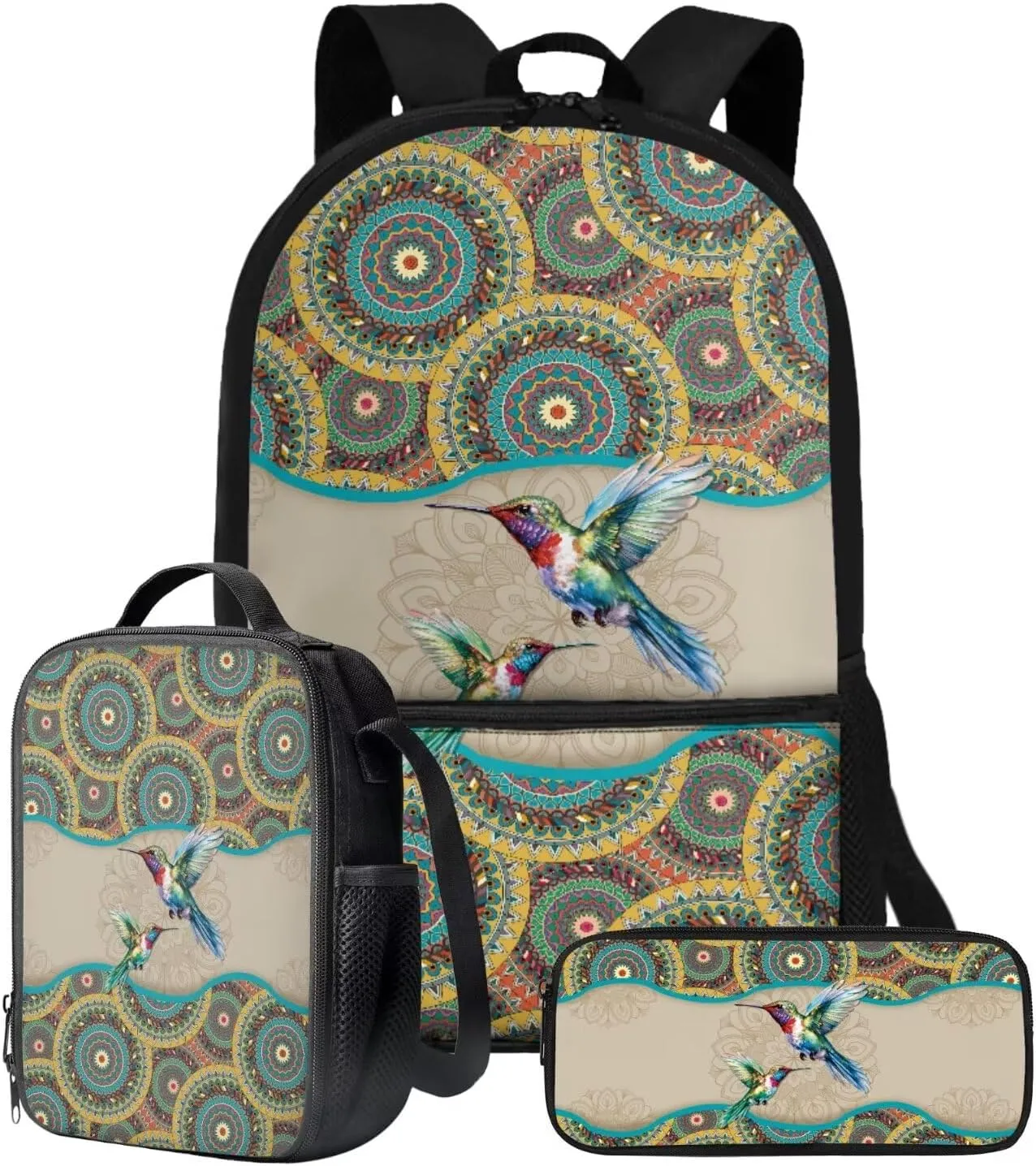 Boho Mandala Hummingbird Print School Backpack Set of 3 for Kids Boys Girls Elementary Primary Student Book Bag with Lunch Box Pencil Case Teens Schoolbags Back Packs Satchel