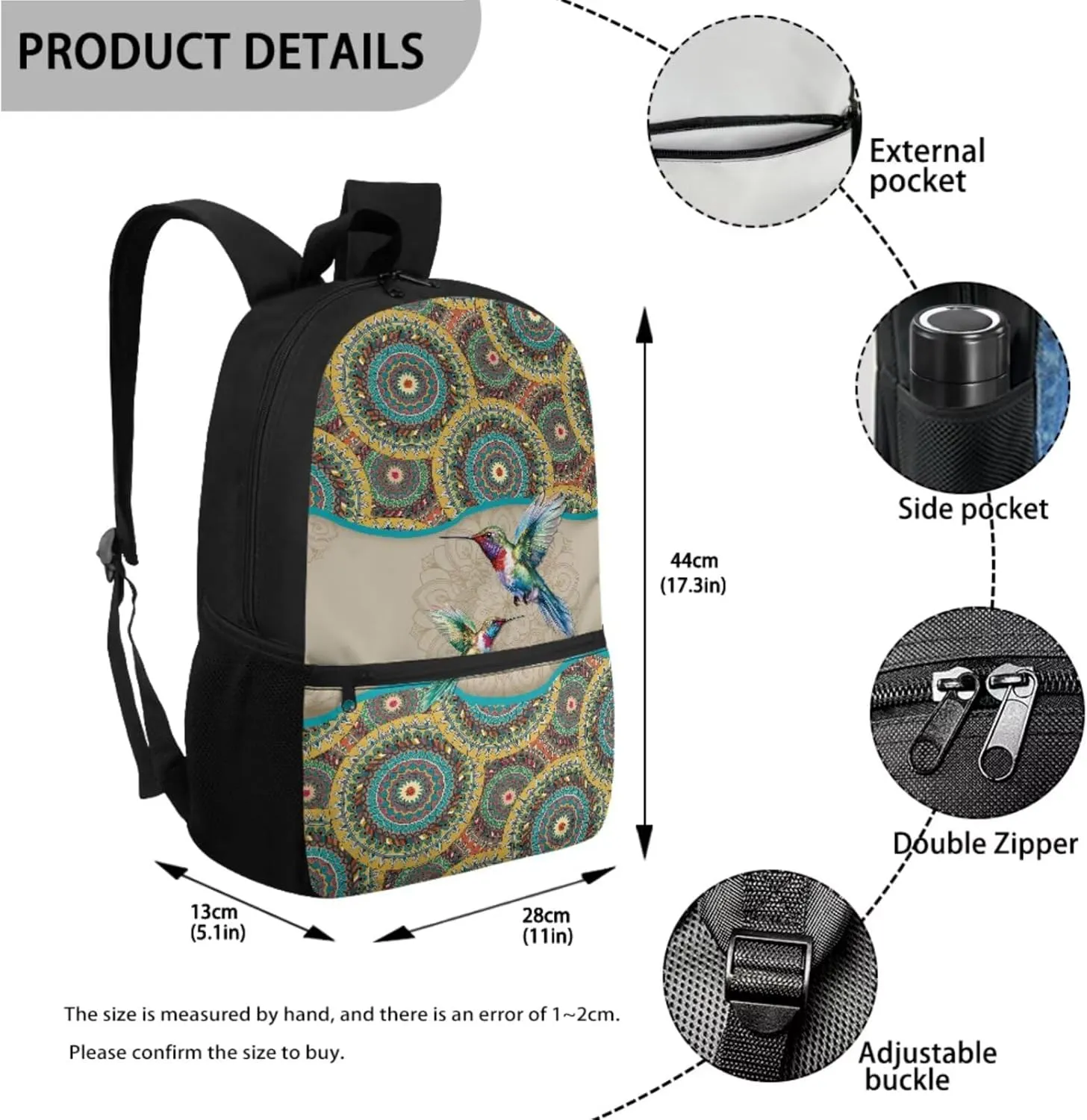 Boho Mandala Hummingbird Print School Backpack Set of 3 for Kids Boys Girls Elementary Primary Student Book Bag with Lunch Box Pencil Case Teens Schoolbags Back Packs Satchel