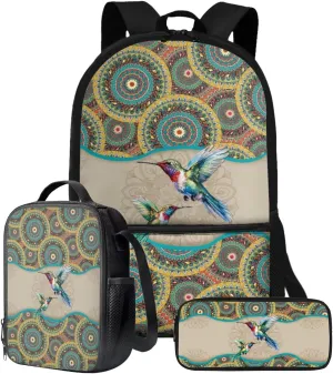 Boho Mandala Hummingbird Print School Backpack Set of 3 for Kids Boys Girls Elementary Primary Student Book Bag with Lunch Box Pencil Case Teens Schoolbags Back Packs Satchel