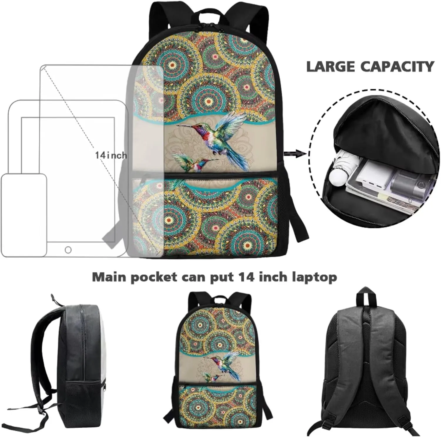 Boho Mandala Hummingbird Print School Backpack Set of 3 for Kids Boys Girls Elementary Primary Student Book Bag with Lunch Box Pencil Case Teens Schoolbags Back Packs Satchel