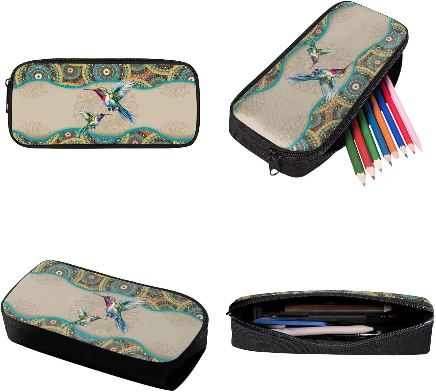 Boho Mandala Hummingbird Print School Backpack Set of 3 for Kids Boys Girls Elementary Primary Student Book Bag with Lunch Box Pencil Case Teens Schoolbags Back Packs Satchel