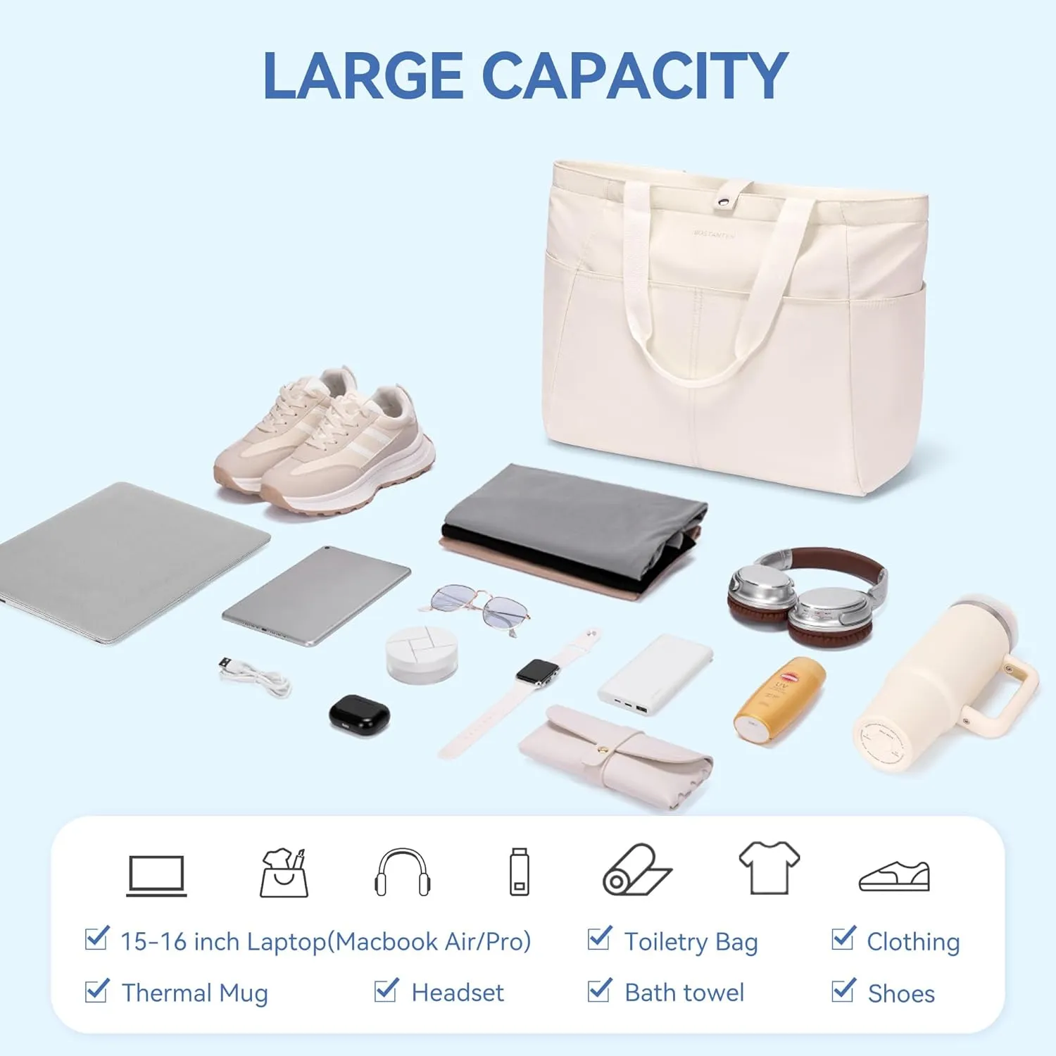 BOSTANTEN Travel Tote Bags for Women Foldable Beach Bag Waterproof Zipper Gym Sports Shopping Bag Trolley Sleeve