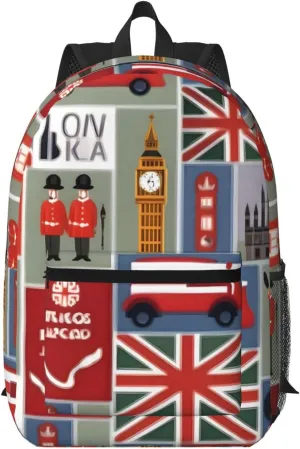 BREAUX England Symbols print Backpack, Casual Work Bag 17inch Hiking Business Backpack Daypack for Weekender