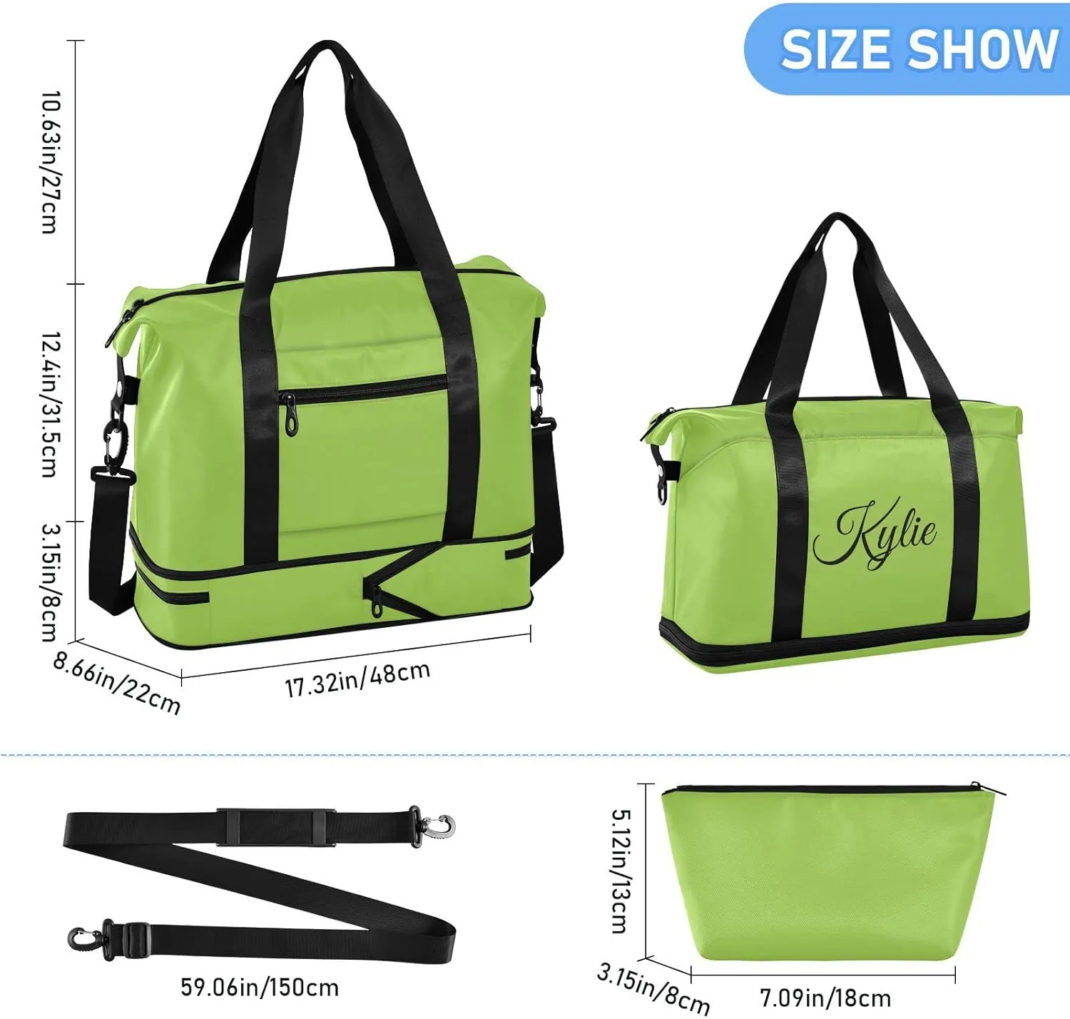 Bright Green Custom Gym Bag for Women Men Personalized Duffel Bag with Shoe Compartment Weekender Bags Carry On Bag Overnight Bag for Gym Men Travel Women Yoga School Shopping