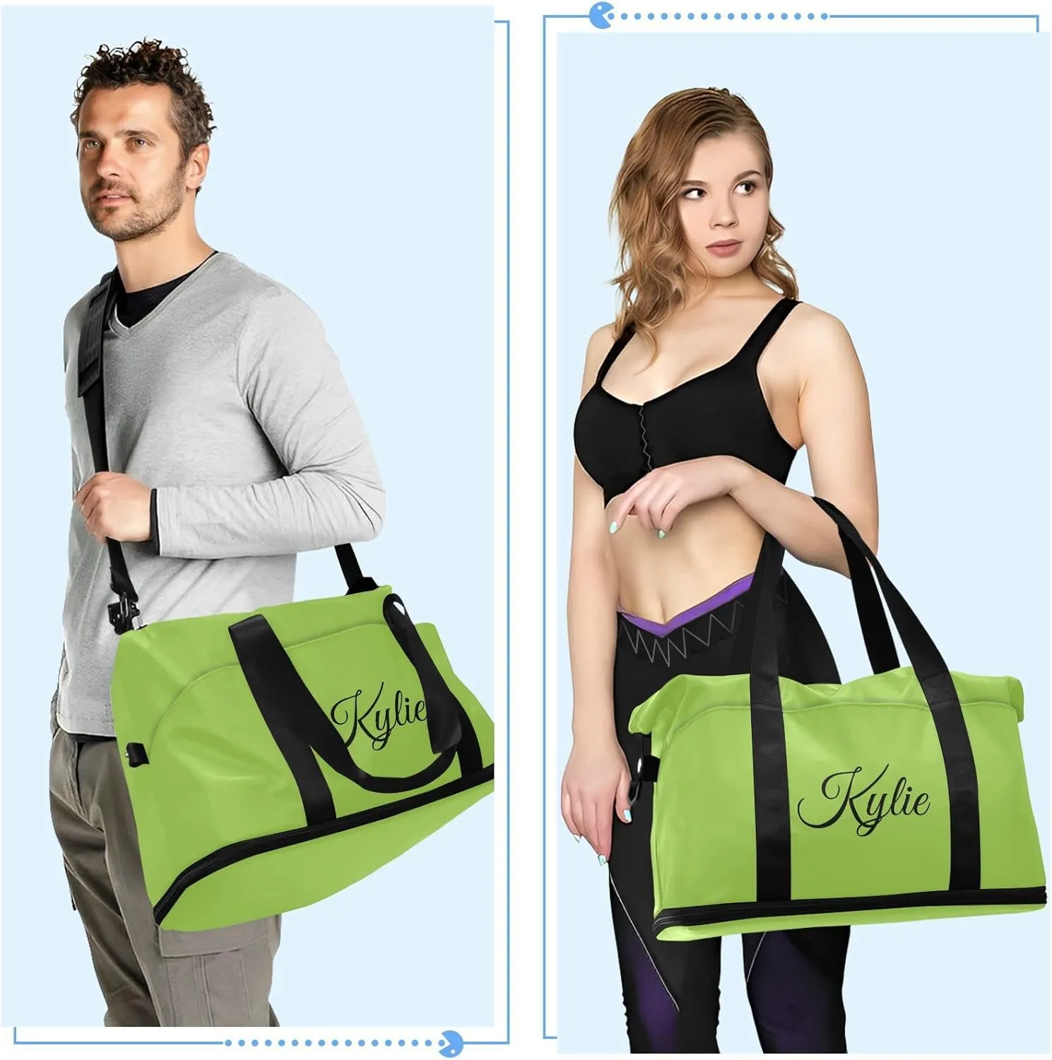 Bright Green Custom Gym Bag for Women Men Personalized Duffel Bag with Shoe Compartment Weekender Bags Carry On Bag Overnight Bag for Gym Men Travel Women Yoga School Shopping