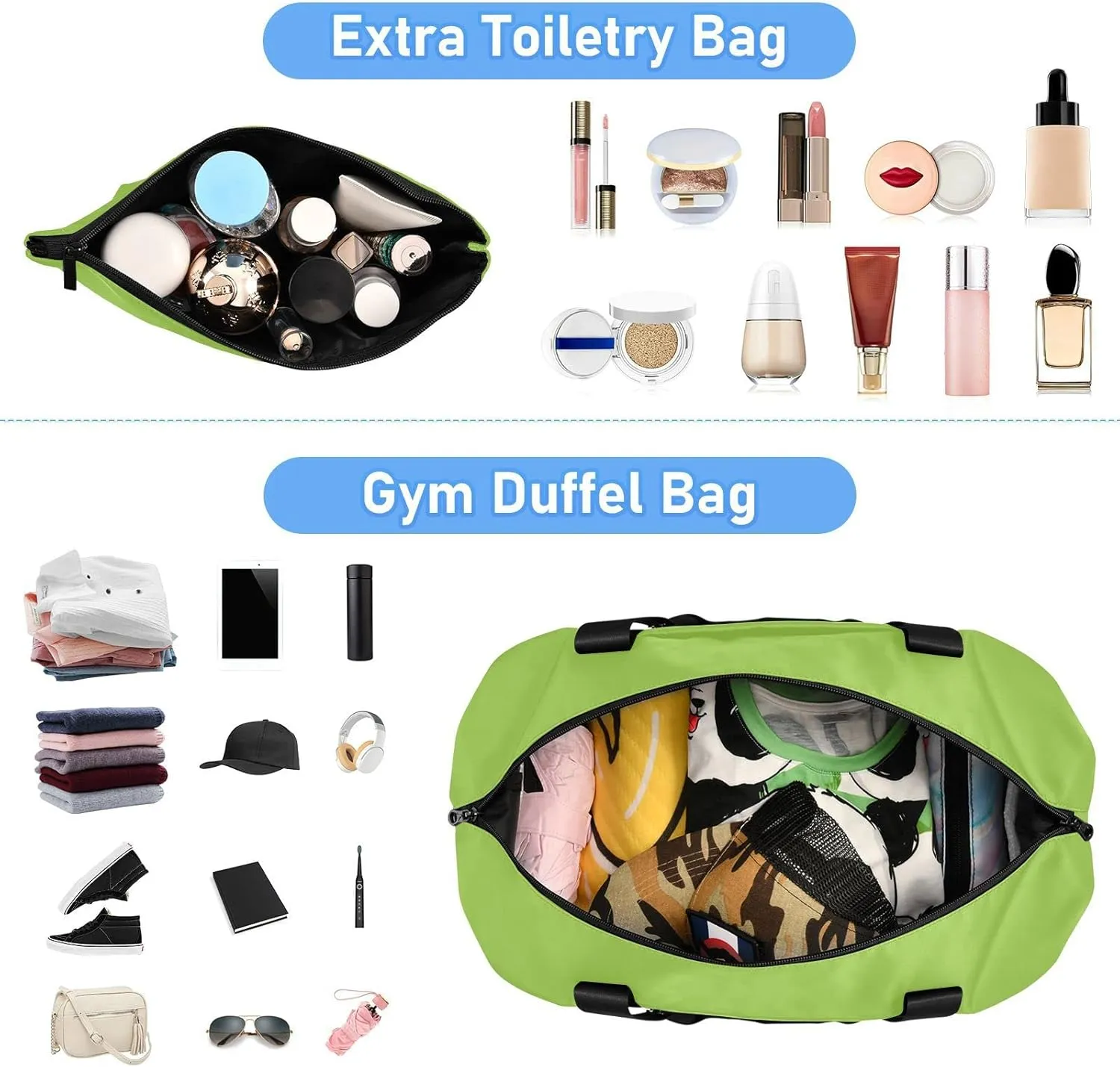 Bright Green Custom Gym Bag for Women Men Personalized Duffel Bag with Shoe Compartment Weekender Bags Carry On Bag Overnight Bag for Gym Men Travel Women Yoga School Shopping