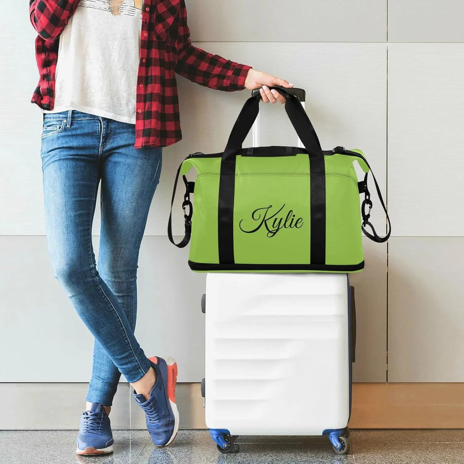 Bright Green Custom Gym Bag for Women Men Personalized Duffel Bag with Shoe Compartment Weekender Bags Carry On Bag Overnight Bag for Gym Men Travel Women Yoga School Shopping