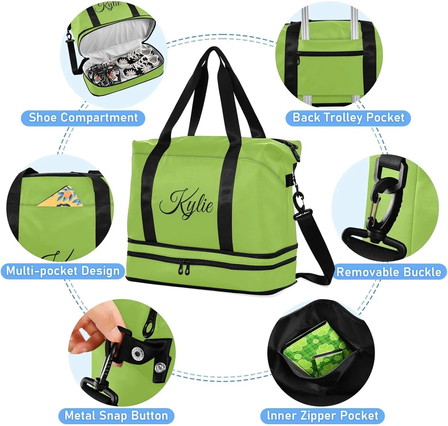 Bright Green Custom Gym Bag for Women Men Personalized Duffel Bag with Shoe Compartment Weekender Bags Carry On Bag Overnight Bag for Gym Men Travel Women Yoga School Shopping