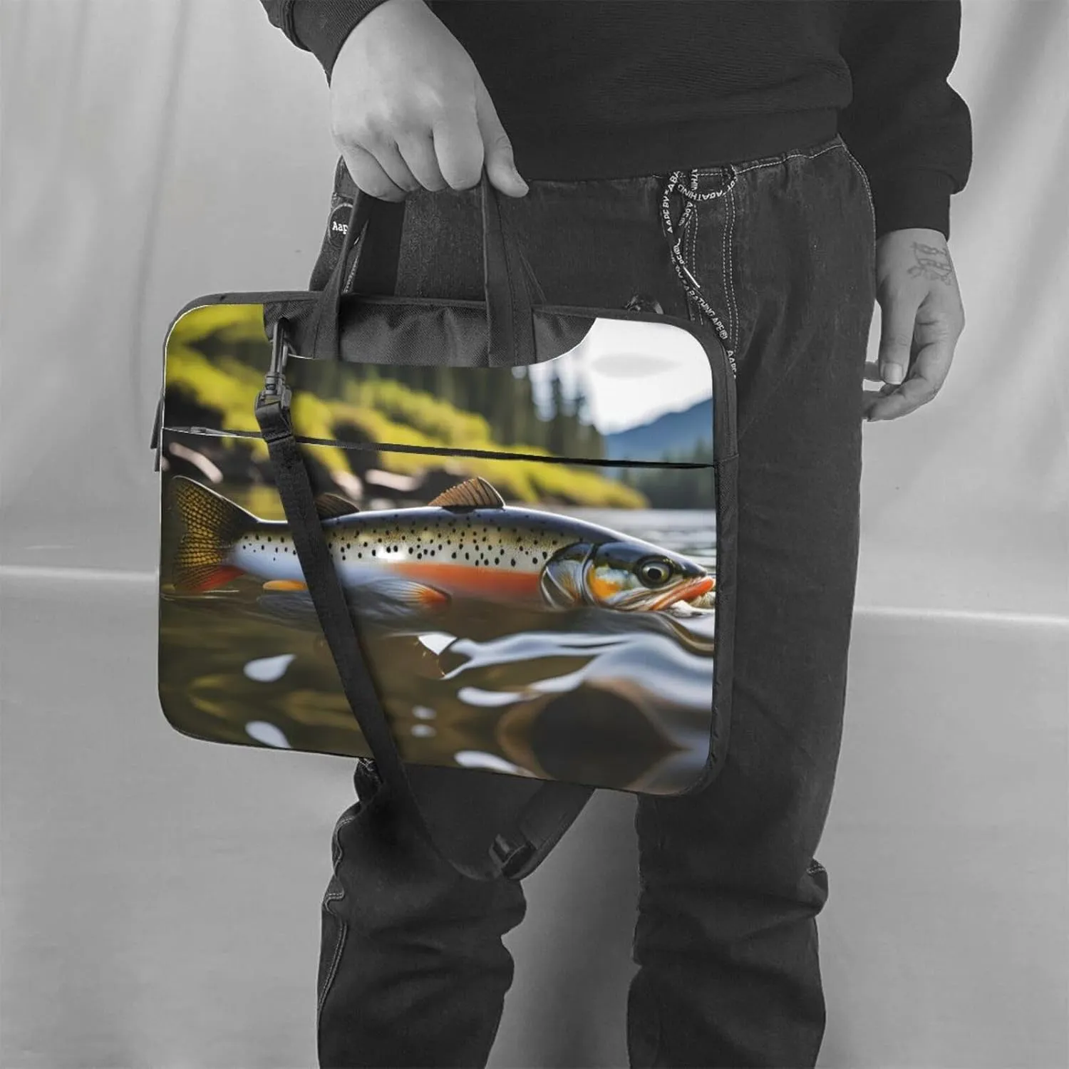 Brook Trout Fly Fishing Pattern Laptop Bag - with Soft Interior, Multiple Pockets - Ideal for Men, Travel and Business