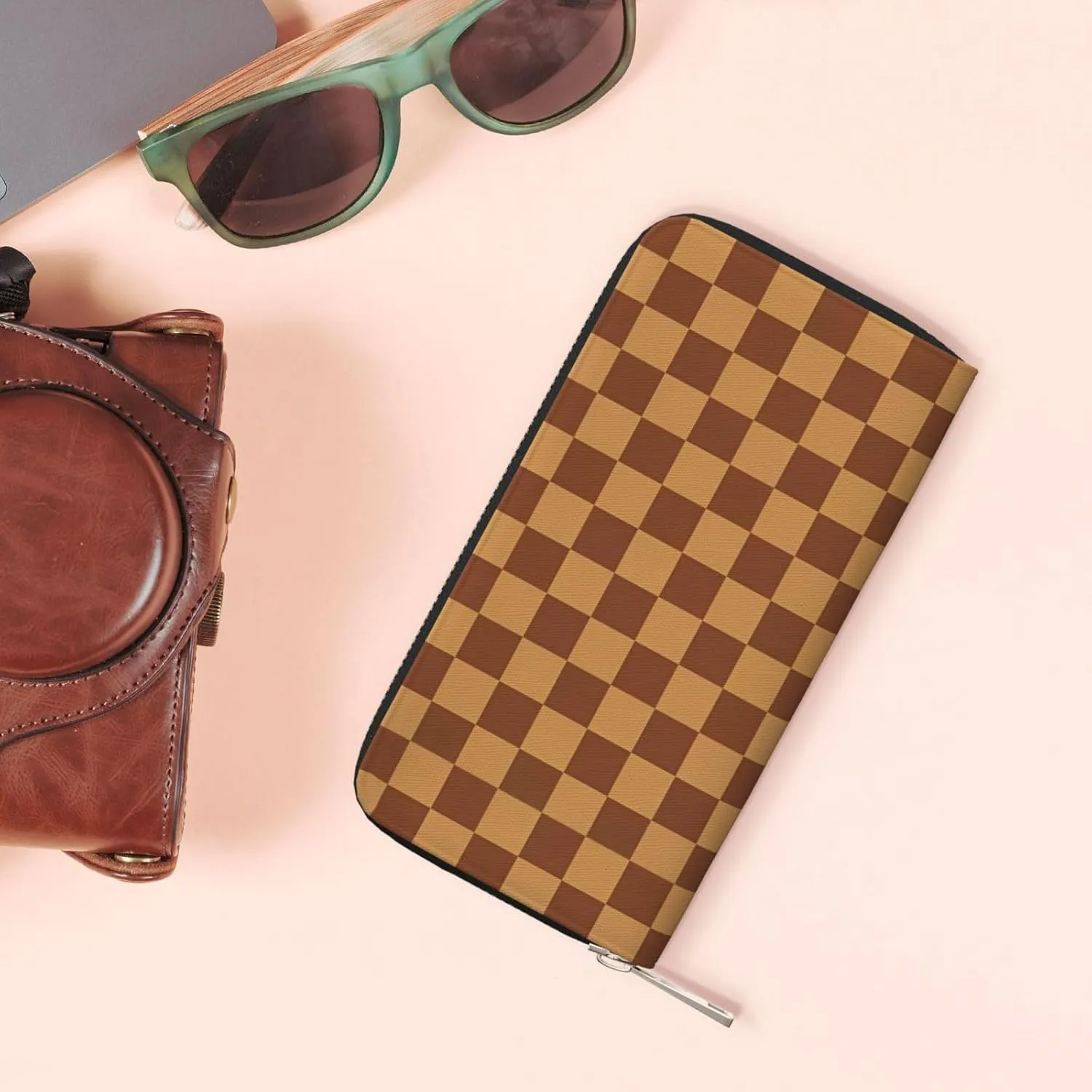 Brown Checkered Wallets PU Leather Wallet For Women Men Zipper Credit Card Purse Long Clutch Purse