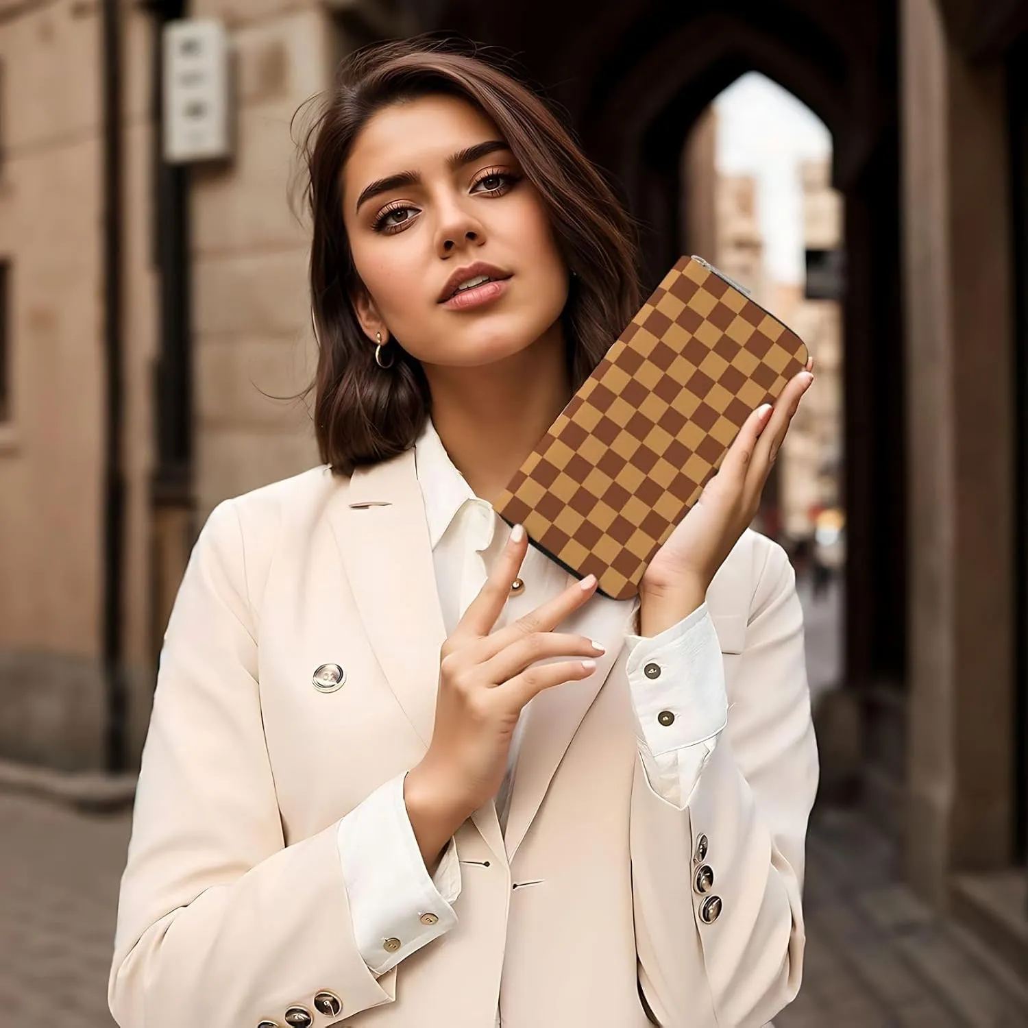 Brown Checkered Wallets PU Leather Wallet For Women Men Zipper Credit Card Purse Long Clutch Purse