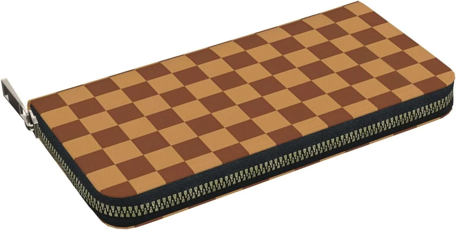 Brown Checkered Wallets PU Leather Wallet For Women Men Zipper Credit Card Purse Long Clutch Purse