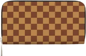 Brown Checkered Wallets PU Leather Wallet For Women Men Zipper Credit Card Purse Long Clutch Purse