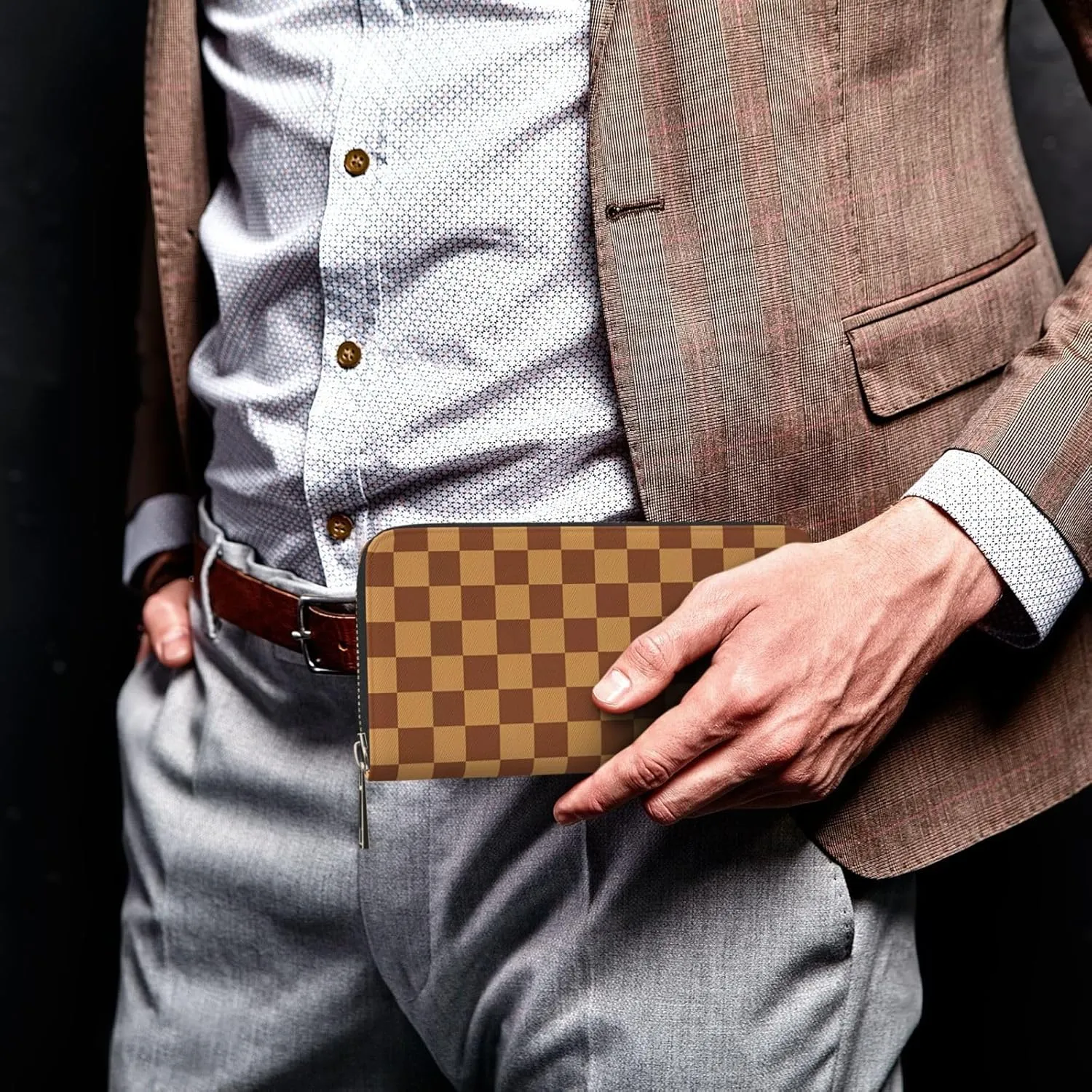 Brown Checkered Wallets PU Leather Wallet For Women Men Zipper Credit Card Purse Long Clutch Purse