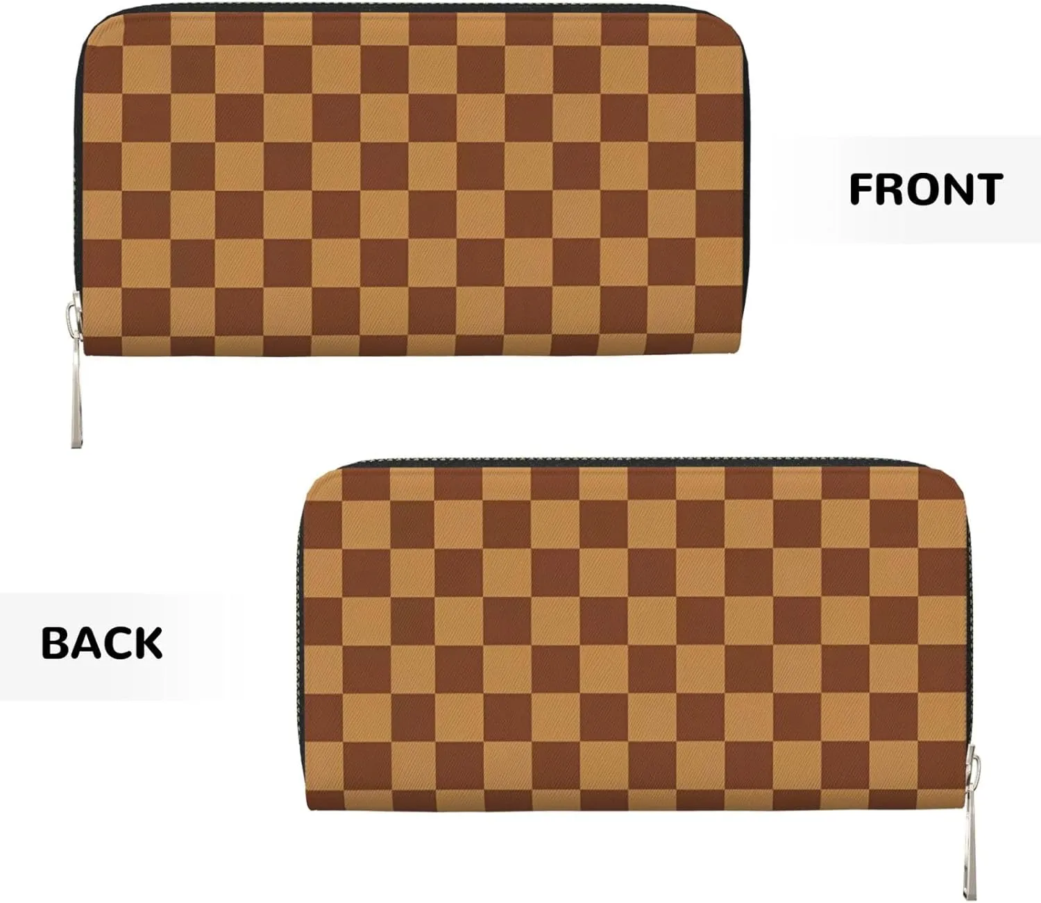 Brown Checkered Wallets PU Leather Wallet For Women Men Zipper Credit Card Purse Long Clutch Purse