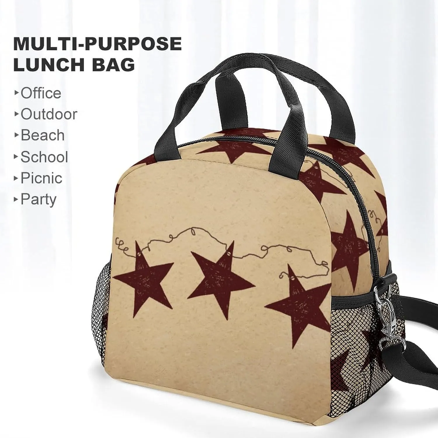 Brown Retro Star Primitive Countryside Adjustable Shoulder Strap Insulated And Leak Proof Premium Lunch Bag Unisex