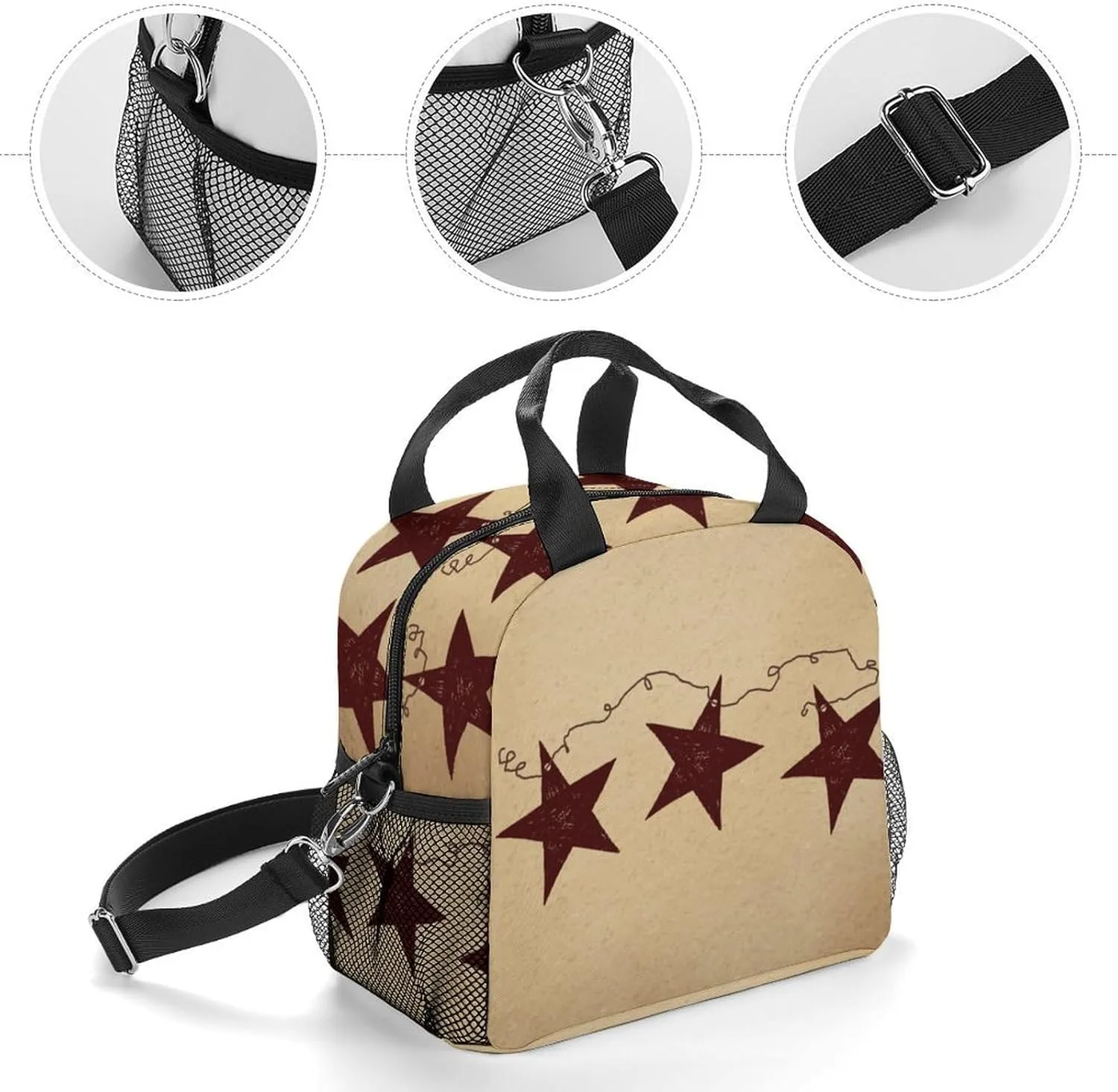 Brown Retro Star Primitive Countryside Adjustable Shoulder Strap Insulated And Leak Proof Premium Lunch Bag Unisex