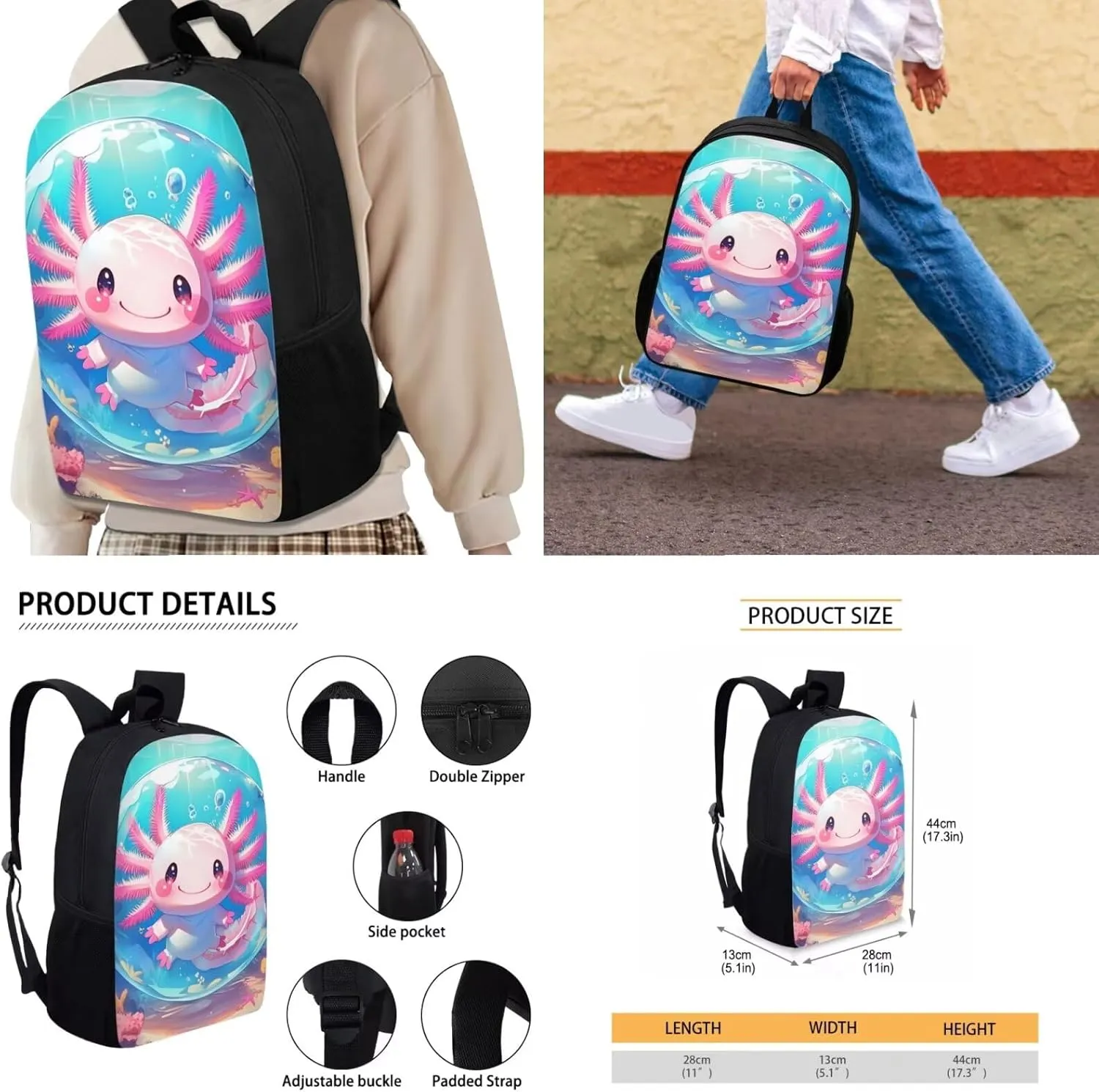 Bubble Axolotl Bookbag and Lunch Box Set for Kids Girls Salamander Backpack with Lunch Bag and Pencil Case 4 in 1 Elementary School Book Bags with Lunch Tote Bag Pencil Box