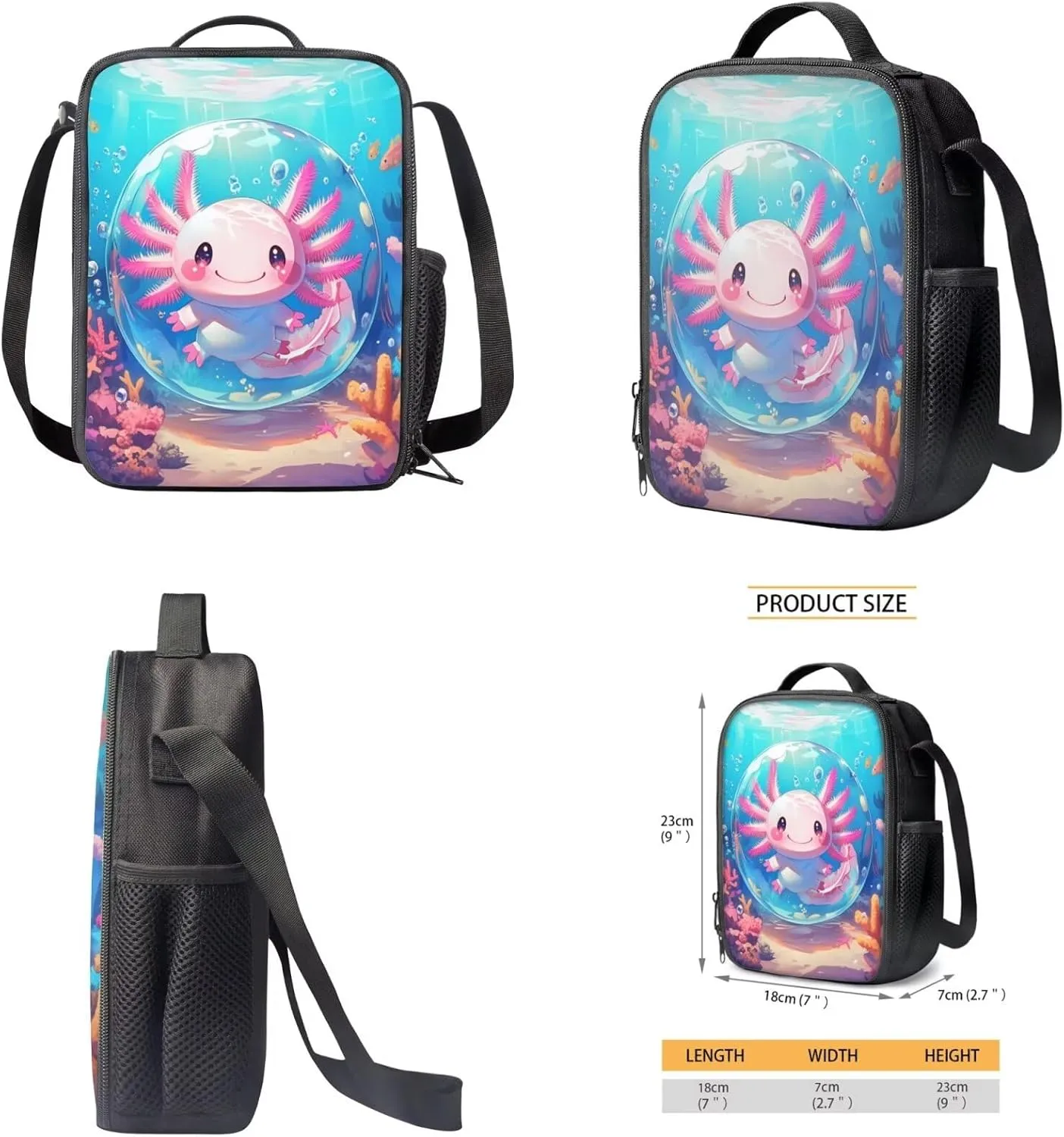 Bubble Axolotl Bookbag and Lunch Box Set for Kids Girls Salamander Backpack with Lunch Bag and Pencil Case 4 in 1 Elementary School Book Bags with Lunch Tote Bag Pencil Box