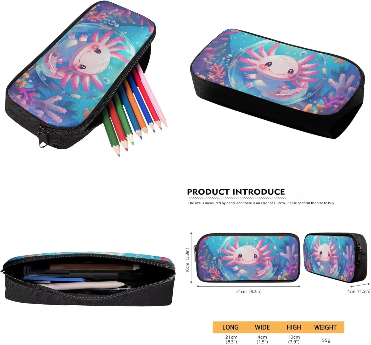 Bubble Axolotl Bookbag and Lunch Box Set for Kids Girls Salamander Backpack with Lunch Bag and Pencil Case 4 in 1 Elementary School Book Bags with Lunch Tote Bag Pencil Box