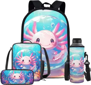 Bubble Axolotl Bookbag and Lunch Box Set for Kids Girls Salamander Backpack with Lunch Bag and Pencil Case 4 in 1 Elementary School Book Bags with Lunch Tote Bag Pencil Box