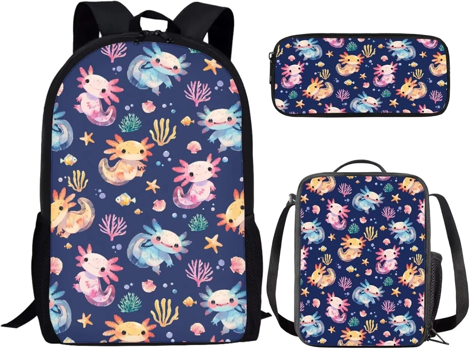 Bulopur Axolotl Backpack Student Bookbag for Girls Boys Elementary School 3 Piece Kids Casual Travel Backpack with Lunchbox Pencil Case