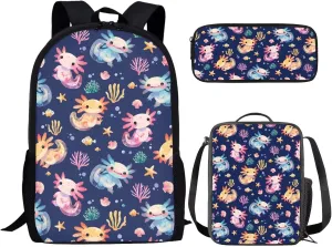Bulopur Axolotl Backpack Student Bookbag for Girls Boys Elementary School 3 Piece Kids Casual Travel Backpack with Lunchbox Pencil Case