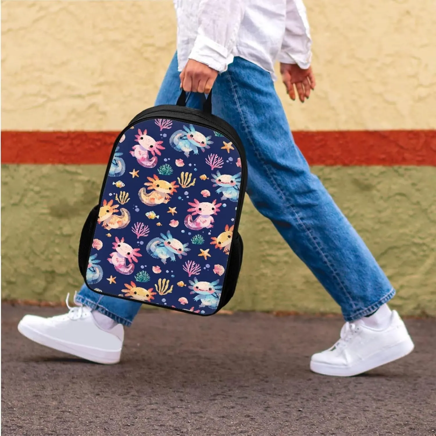 Bulopur Axolotl Backpack Student Bookbag for Girls Boys Elementary School 3 Piece Kids Casual Travel Backpack with Lunchbox Pencil Case