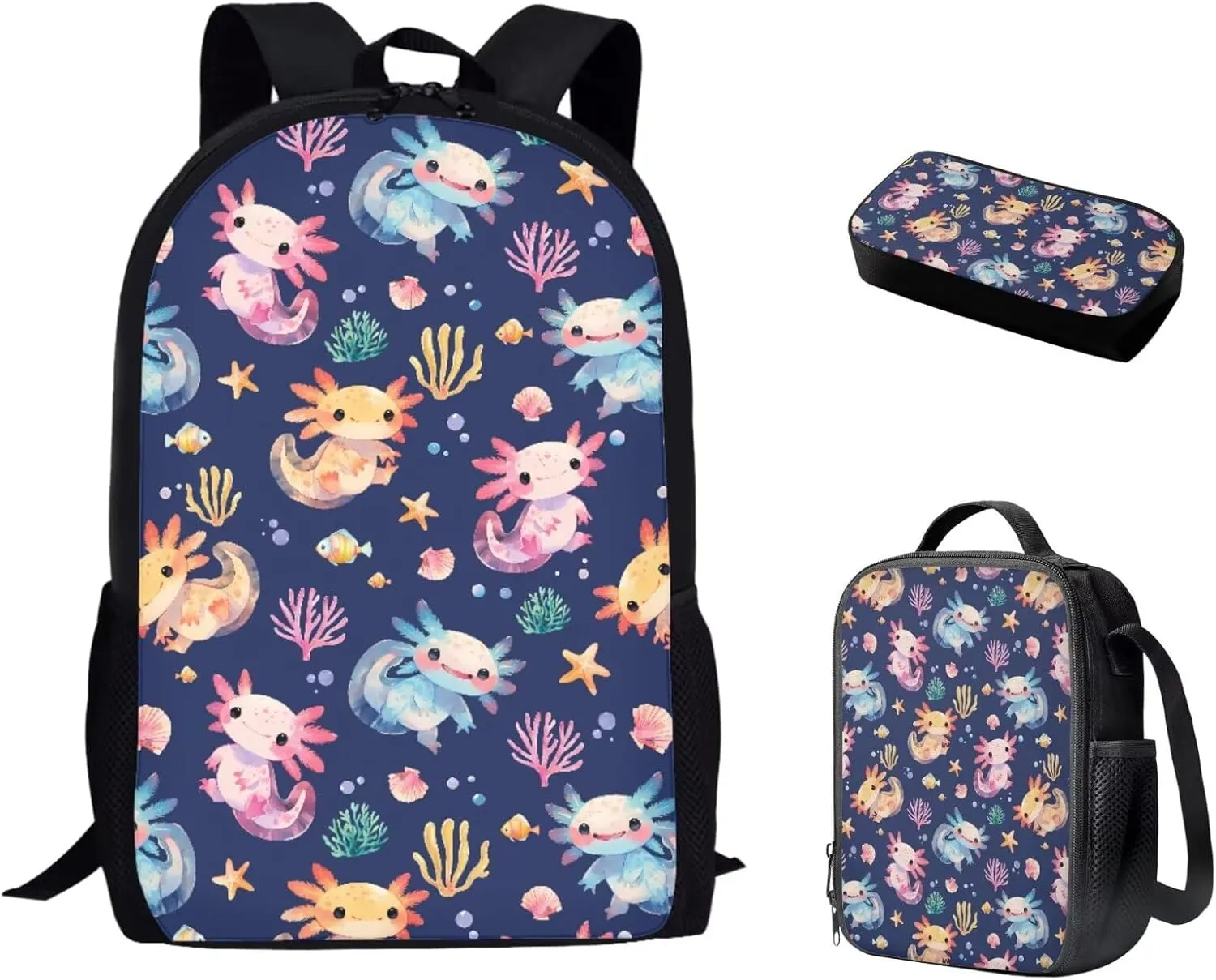 Bulopur Axolotl Backpack Student Bookbag for Girls Boys Elementary School 3 Piece Kids Casual Travel Backpack with Lunchbox Pencil Case
