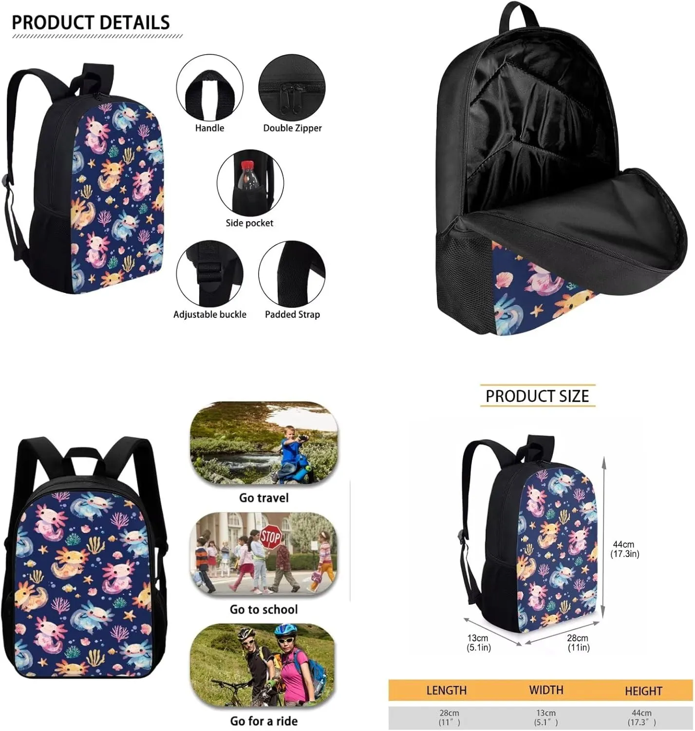 Bulopur Axolotl Backpack Student Bookbag for Girls Boys Elementary School 3 Piece Kids Casual Travel Backpack with Lunchbox Pencil Case
