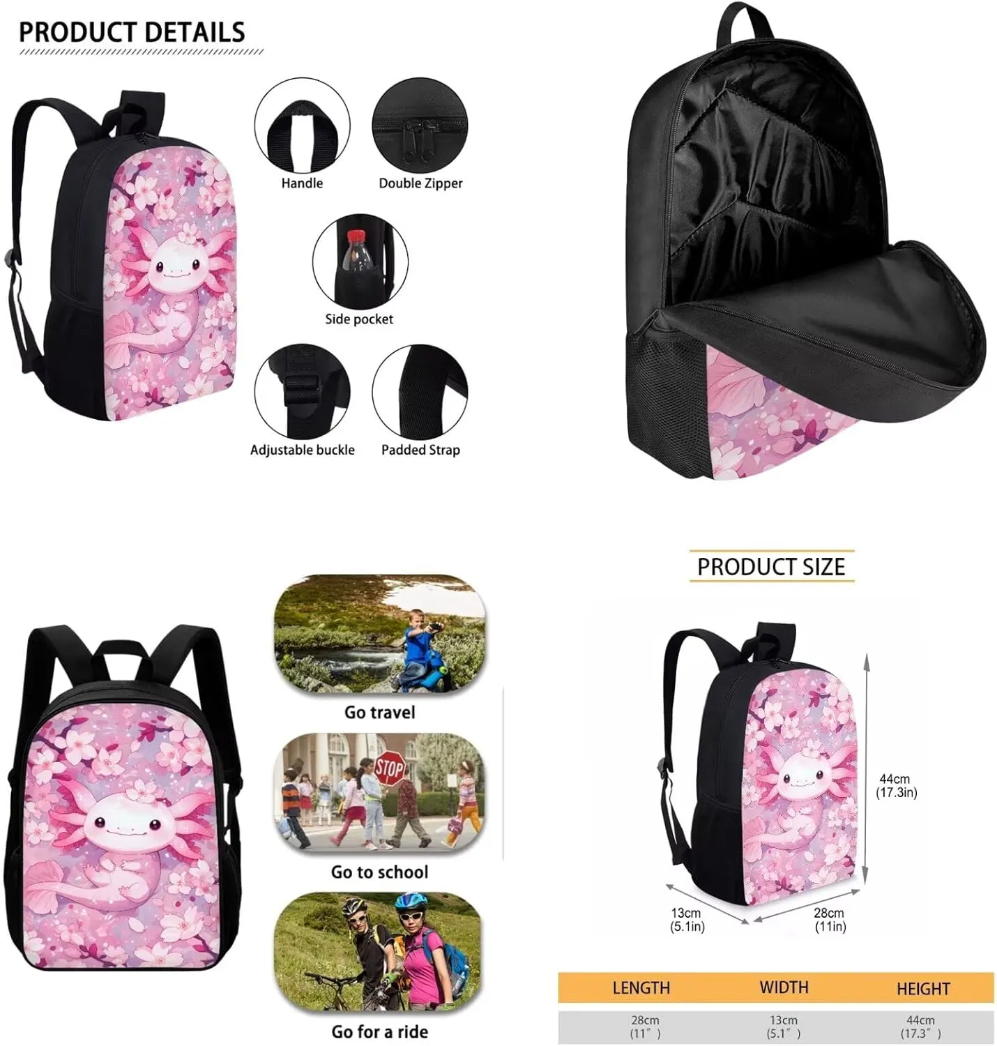 Bulopur Axolotl Backpack With Lunch Box And Pencil Case for Girls Cherry Blossom Girls Bookbag Ages 6-8 Pink Schoolbag 17 Inch Kids Back to School Gifts
