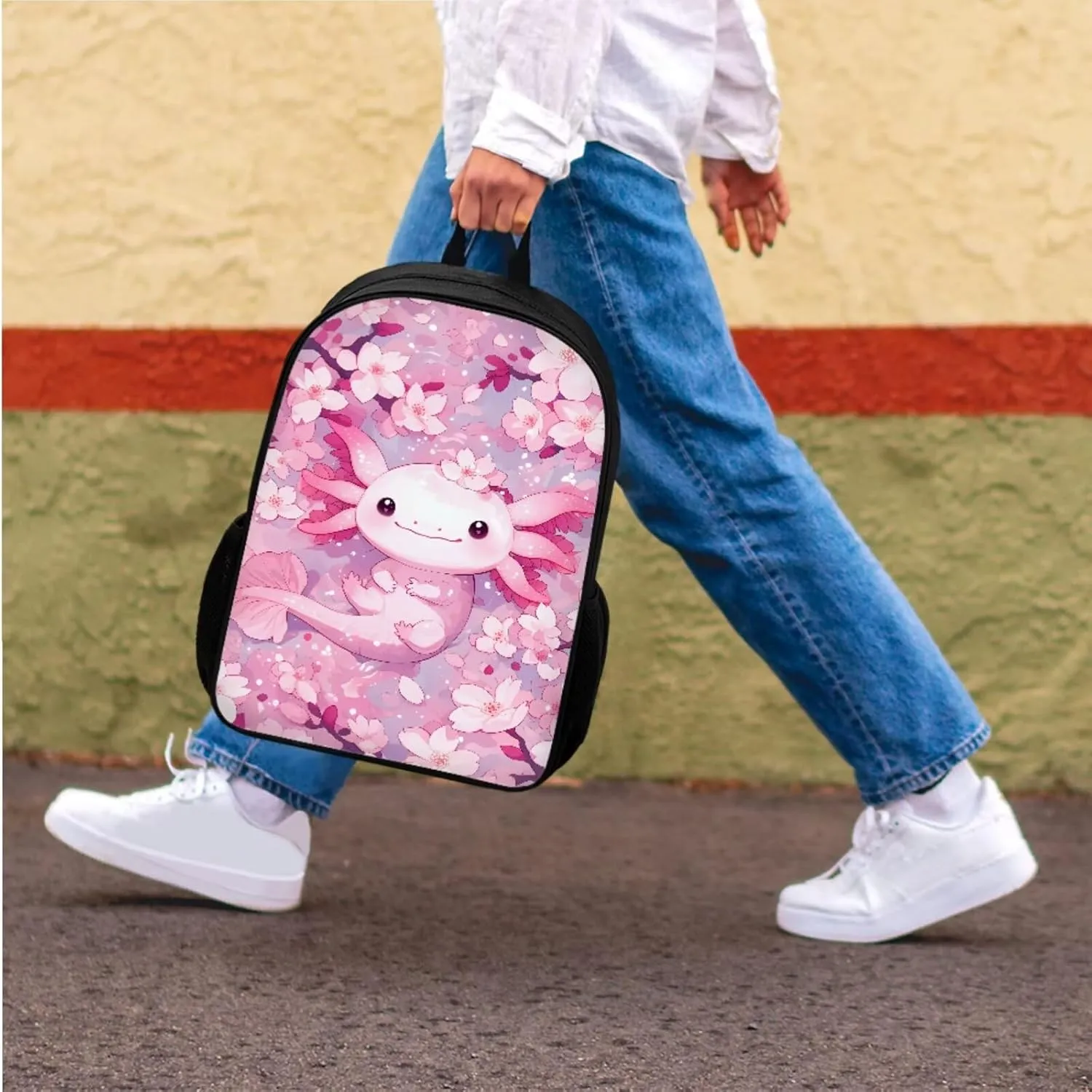 Bulopur Axolotl Backpack With Lunch Box And Pencil Case for Girls Cherry Blossom Girls Bookbag Ages 6-8 Pink Schoolbag 17 Inch Kids Back to School Gifts