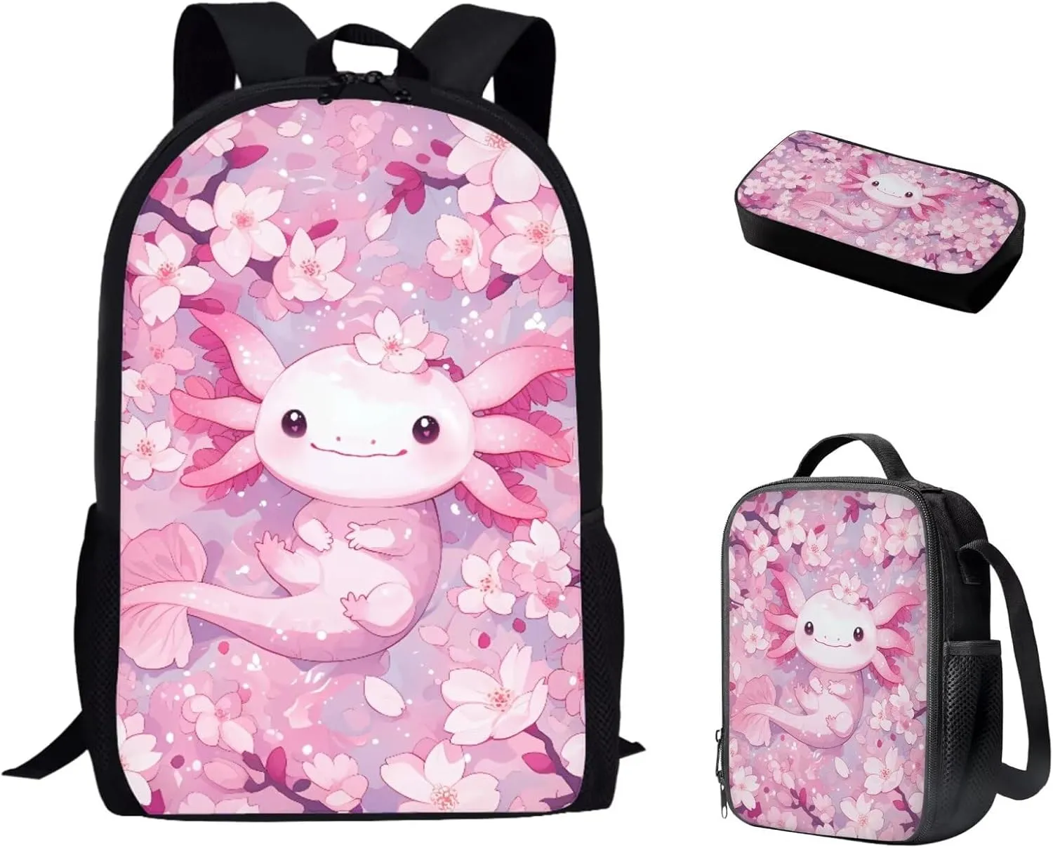 Bulopur Axolotl Backpack With Lunch Box And Pencil Case for Girls Cherry Blossom Girls Bookbag Ages 6-8 Pink Schoolbag 17 Inch Kids Back to School Gifts