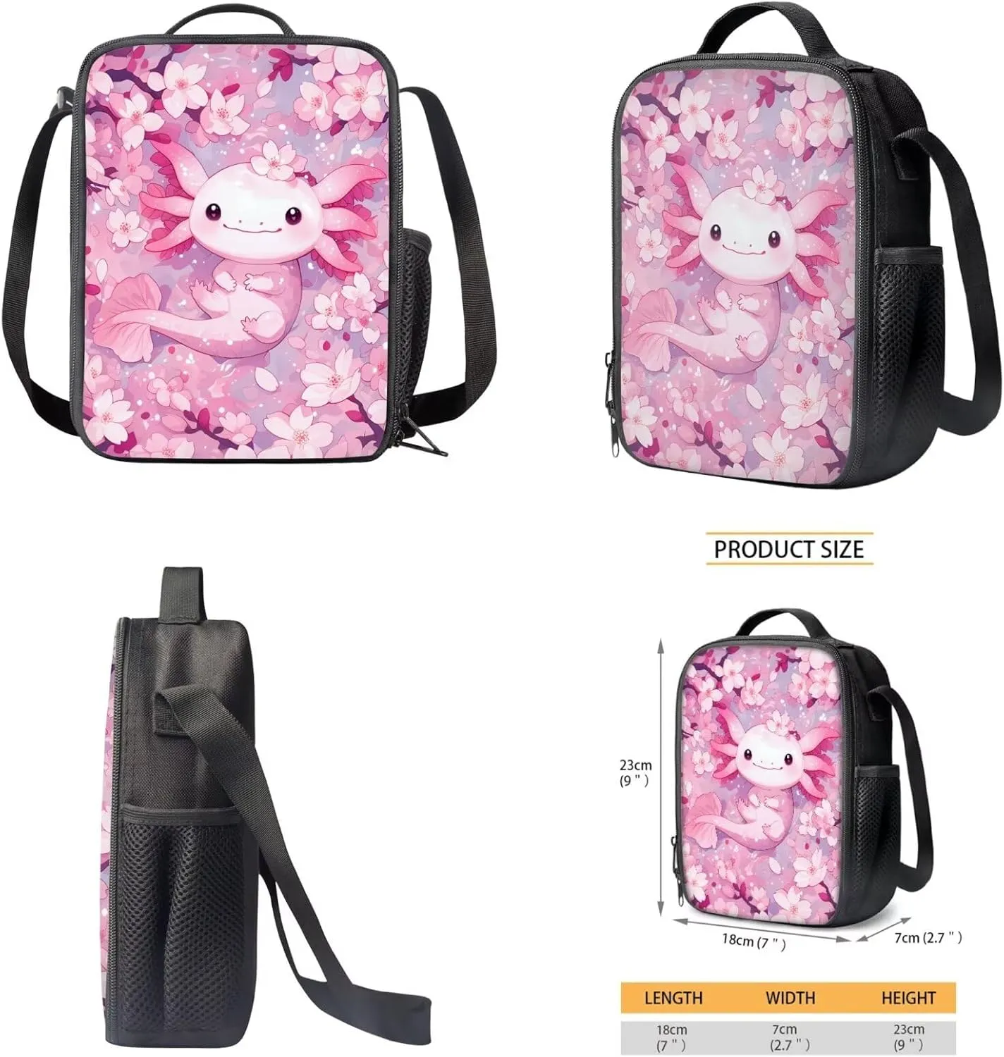 Bulopur Axolotl Backpack With Lunch Box And Pencil Case for Girls Cherry Blossom Girls Bookbag Ages 6-8 Pink Schoolbag 17 Inch Kids Back to School Gifts