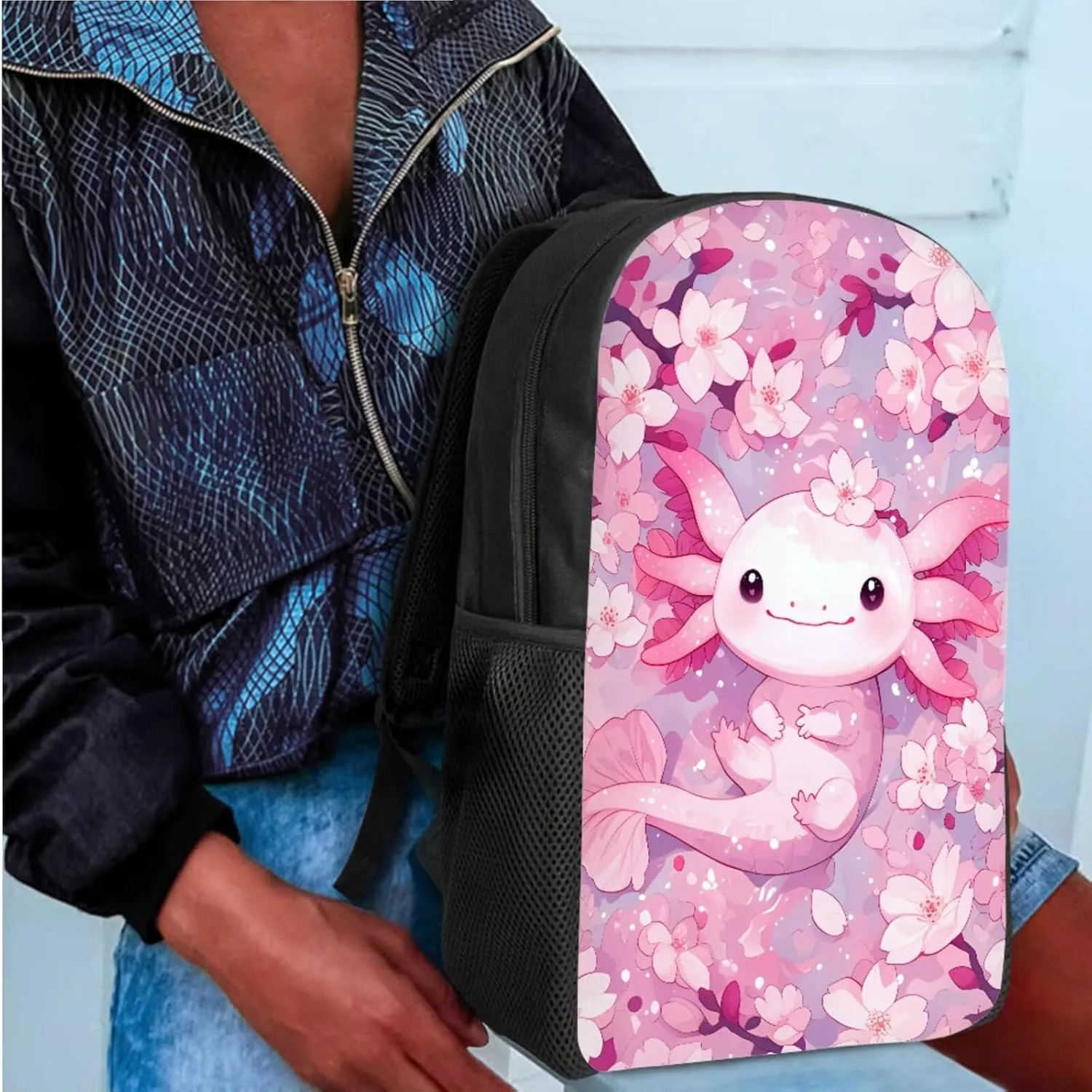 Bulopur Axolotl Backpack With Lunch Box And Pencil Case for Girls Cherry Blossom Girls Bookbag Ages 6-8 Pink Schoolbag 17 Inch Kids Back to School Gifts