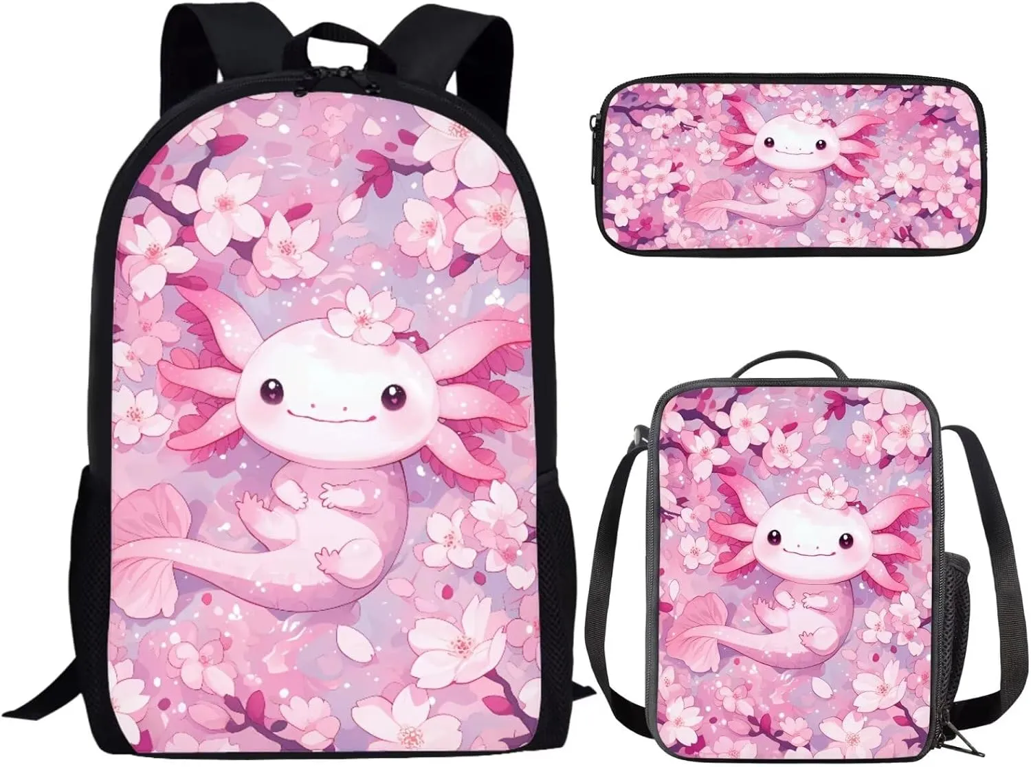 Bulopur Axolotl Backpack With Lunch Box And Pencil Case for Girls Cherry Blossom Girls Bookbag Ages 6-8 Pink Schoolbag 17 Inch Kids Back to School Gifts