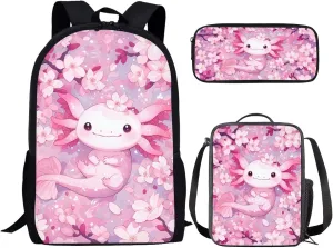 Bulopur Axolotl Backpack With Lunch Box And Pencil Case for Girls Cherry Blossom Girls Bookbag Ages 6-8 Pink Schoolbag 17 Inch Kids Back to School Gifts