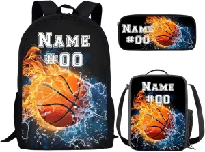 Bulopur Custom Kids Backpack with Lunch Box Penci Bag Set with Name and Number Personalized Basketball Bookbag For Boys Age 12-14 Back to School Supplies