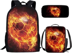 Bulopur Soccer School Backpack For Boys Fire Print Book Bag Set of 3, 17 Inch Zipper Backpack with Lunchbox Cross-Body Bags Aesthetic Pencil Pen Carrying Case for Middle School Students