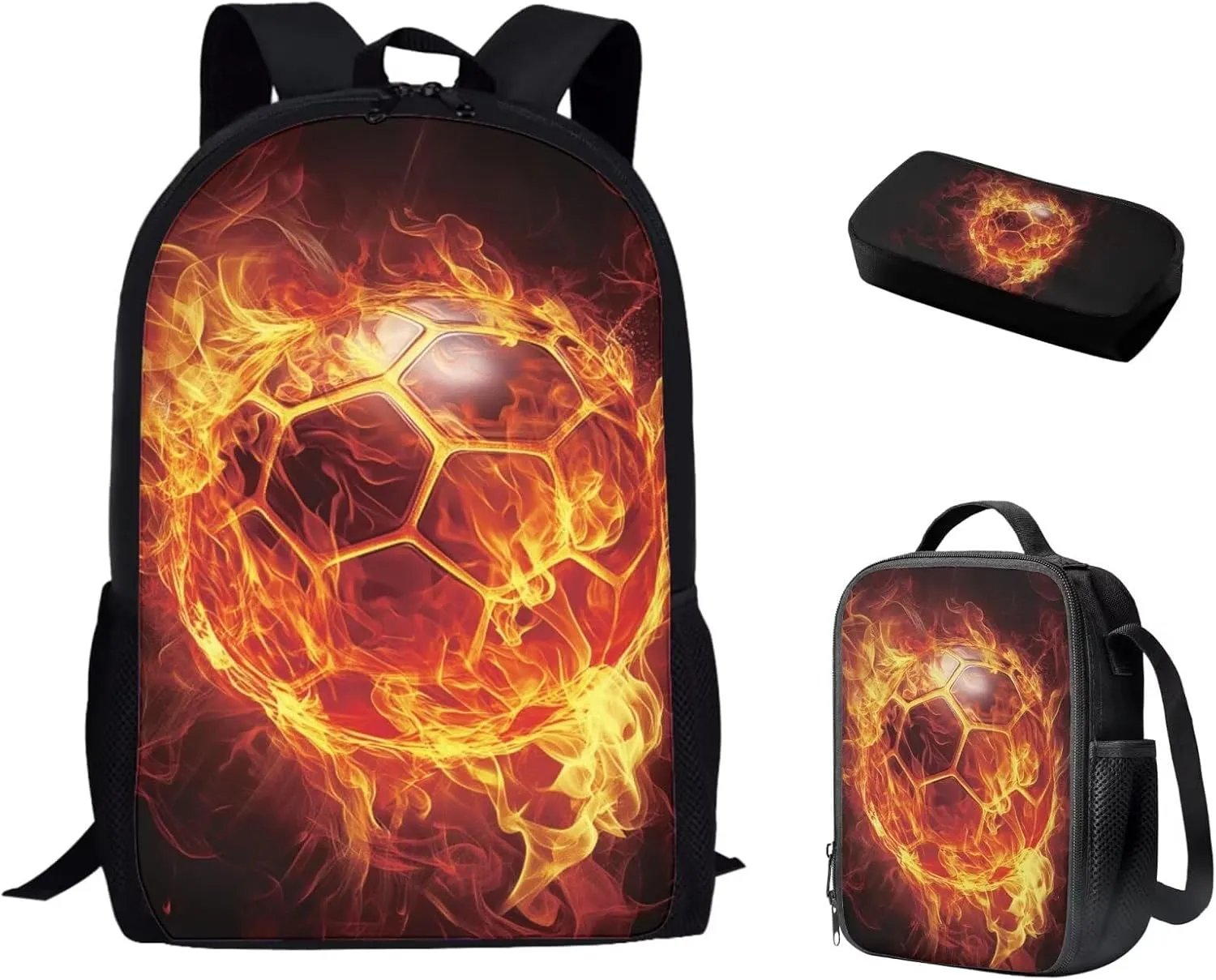 Bulopur Soccer School Backpack For Boys Fire Print Book Bag Set of 3, 17 Inch Zipper Backpack with Lunchbox Cross-Body Bags Aesthetic Pencil Pen Carrying Case for Middle School Students