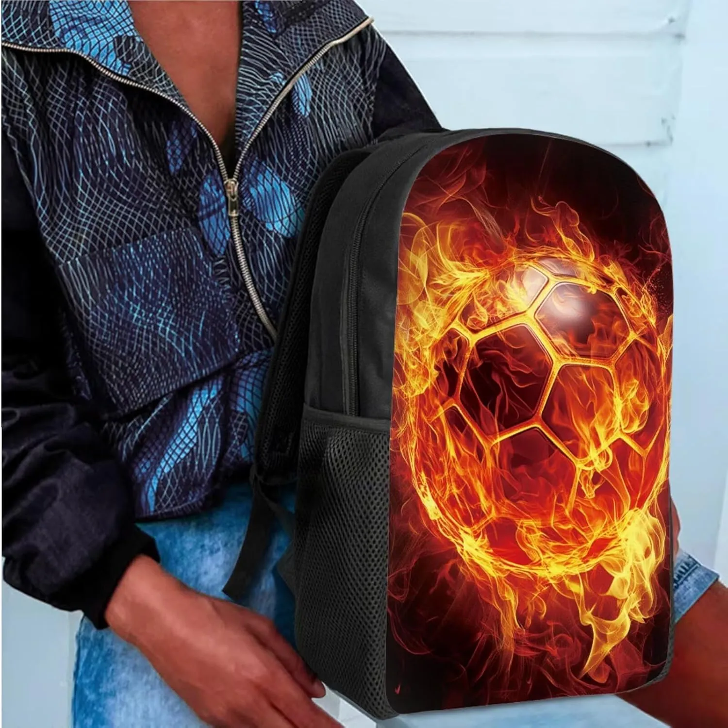 Bulopur Soccer School Backpack For Boys Fire Print Book Bag Set of 3, 17 Inch Zipper Backpack with Lunchbox Cross-Body Bags Aesthetic Pencil Pen Carrying Case for Middle School Students