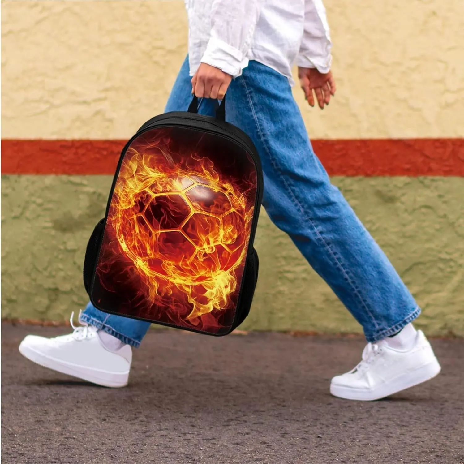Bulopur Soccer School Backpack For Boys Fire Print Book Bag Set of 3, 17 Inch Zipper Backpack with Lunchbox Cross-Body Bags Aesthetic Pencil Pen Carrying Case for Middle School Students
